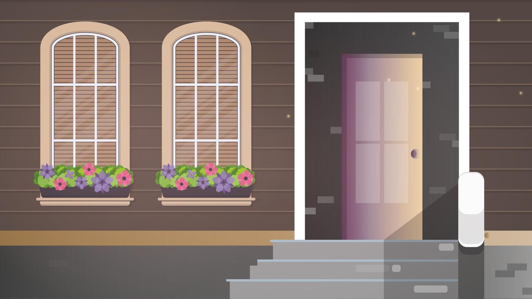 Brown wooden house with large windows. Windows with flowers. Porch of a country house. vector