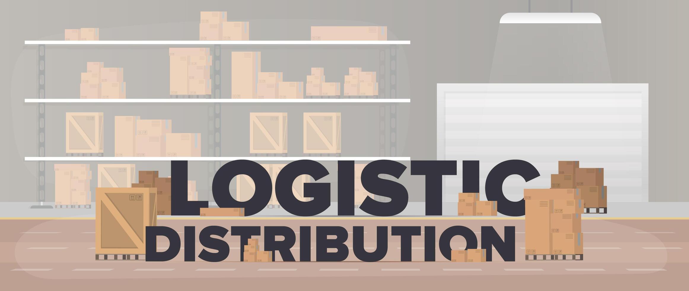 Logistic distribution banner. Large warehouse with boxes and pallets. Lettering on an industrial theme. Carton boxes. Freight and delivery concept. Vector. vector