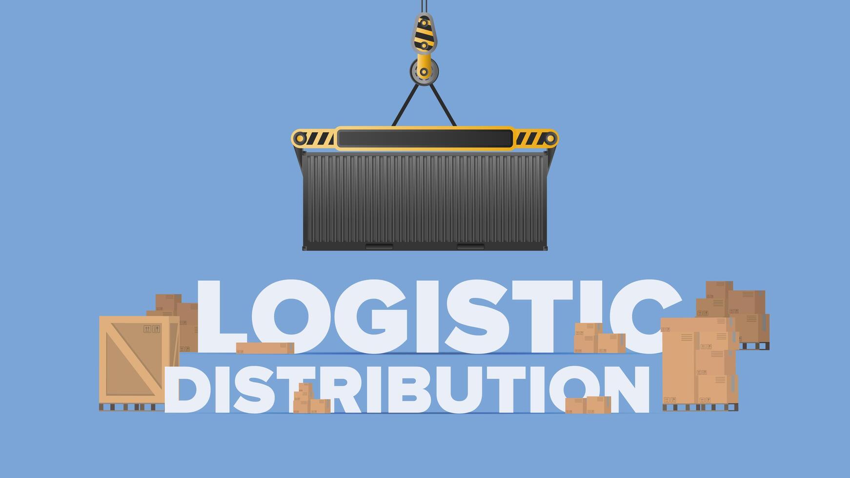 banner de distribución logística. una grúa levanta un contenedor de carga. letras sobre un tema industrial. cajas de cartón. concepto de flete y entrega. vector. vector