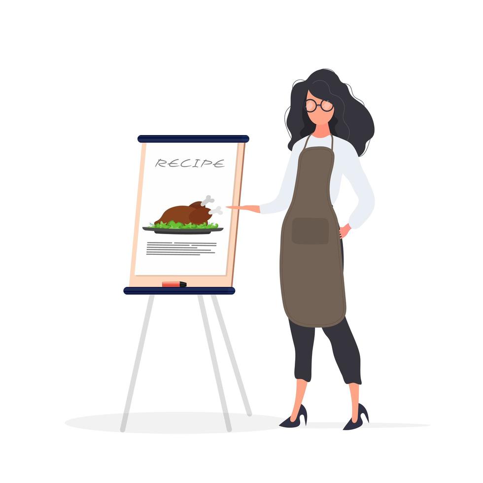 Female cook shows a recipe. Girl in the kitchen apron. Fried Chicken Recipe. Isolated. Vector. vector