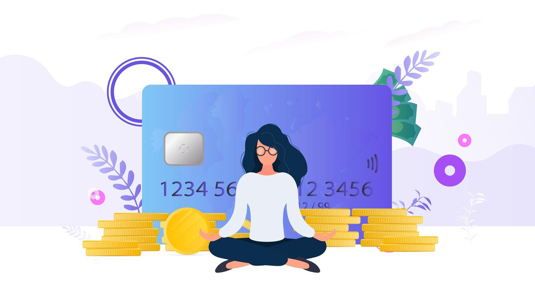 chica medita en el fondo de una tarjeta de crédito con monedas y una alcancía. el concepto de ahorro y acumulación de dinero. bueno para presentaciones y artículos relacionados con negocios. vector