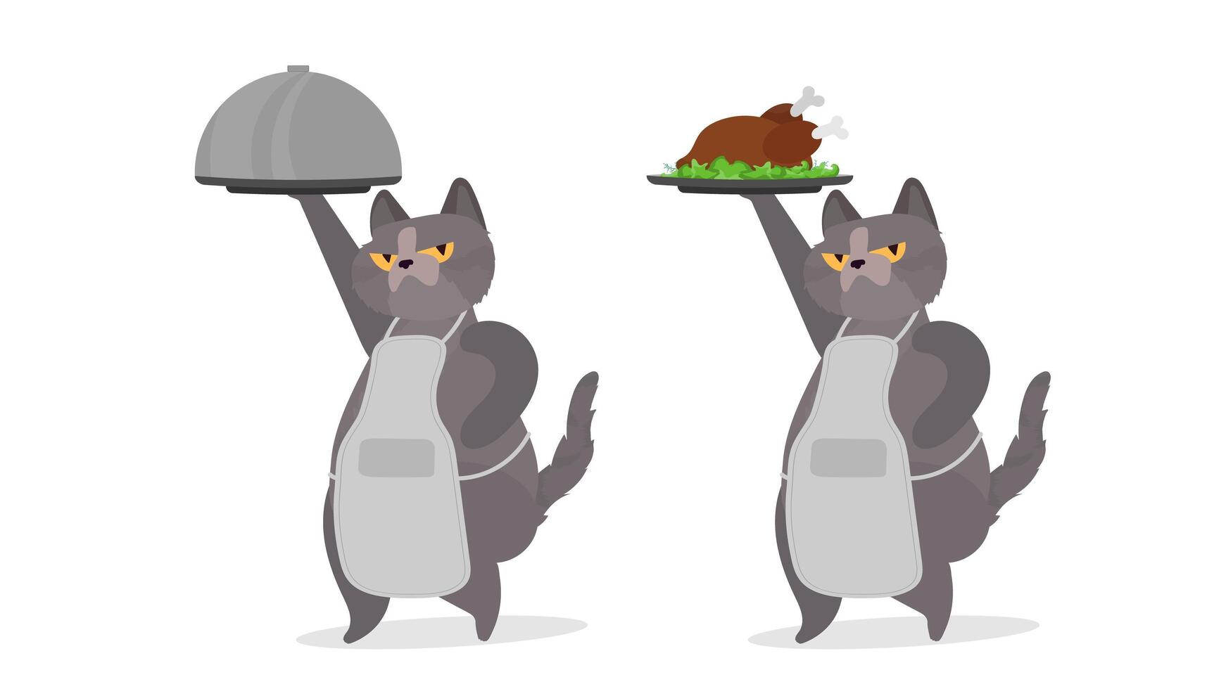 Funny cat holds a metal dish with a lid. A cat with a funny look. Good for stickers, cards and t-shirts. Isolated. Vector. vector