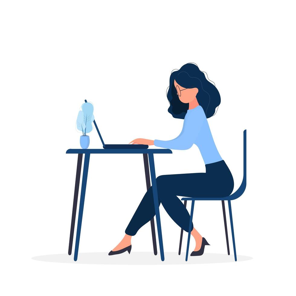 Girl with glasses sits at a table and works on a laptop. Hiring Specialist. The concept of finding people to work, view vacancies and resumes. Isolated. Vector. vector