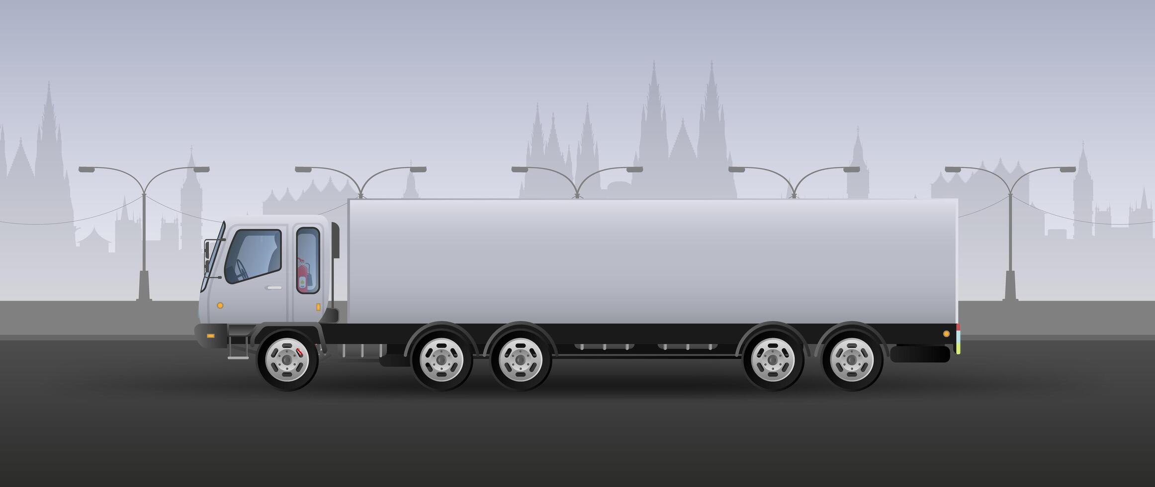 A white truck is parked in front of a city vector