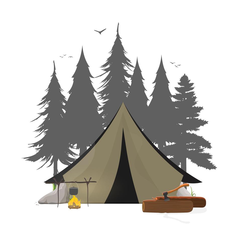 collage sobre el tema de acampar en el bosque. carpa, bosque, camping, troncos, hacha, hoguera. bueno para logotipos, tarjetas, camisetas y pancartas. aislado. vector. vector