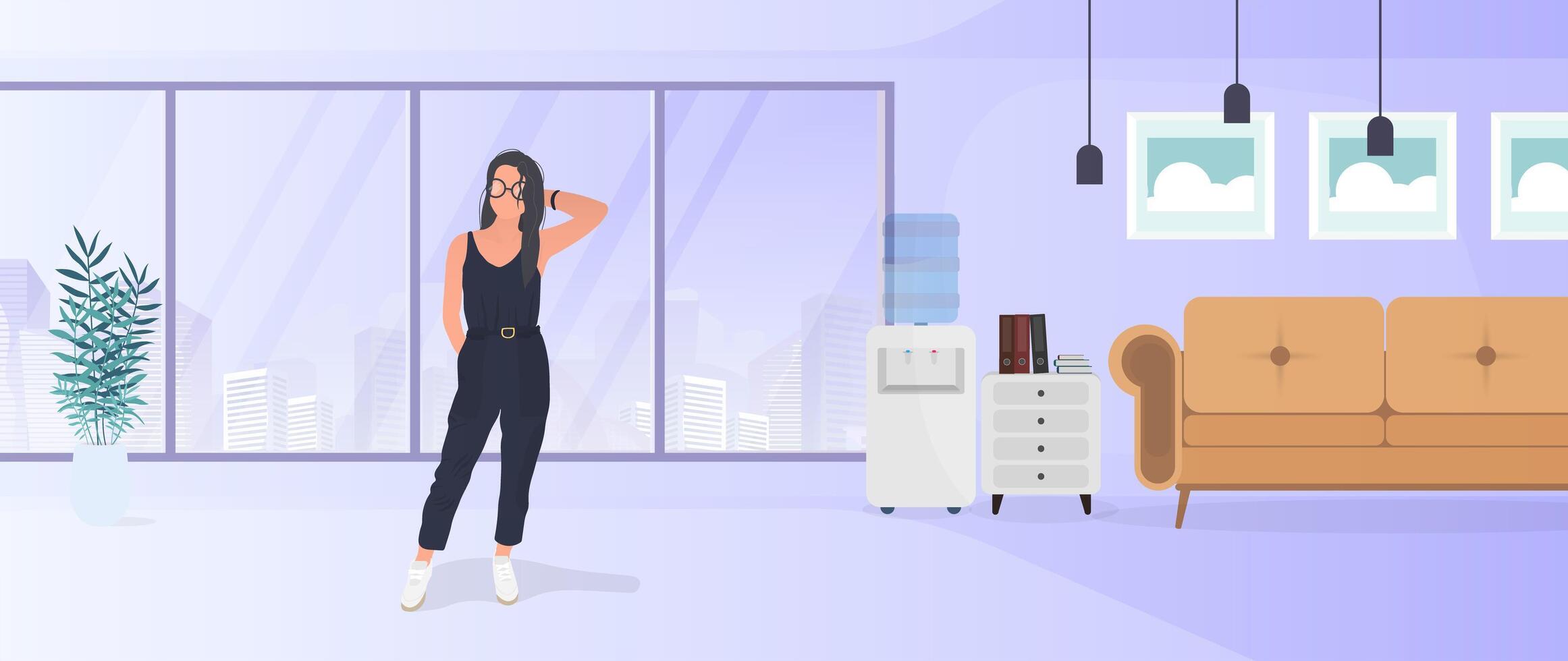 modelo con un traje elegante. chica morena posando. sala, sofá, lámpara de pie, cuadros en la pared, librería con libros, una chica de pelo negro. vector. vector