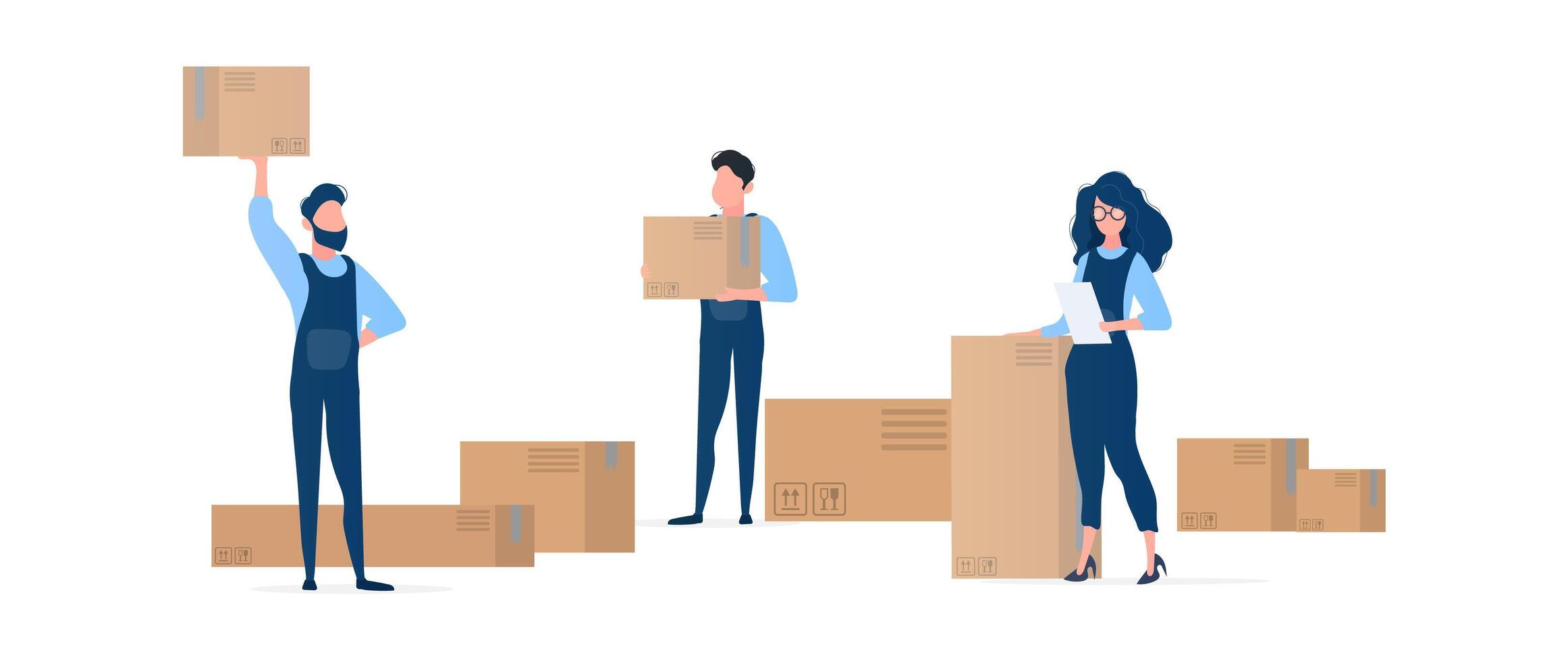 People with boxes. Movers are holding cardboard boxes. The girl with the list in her hands. vector