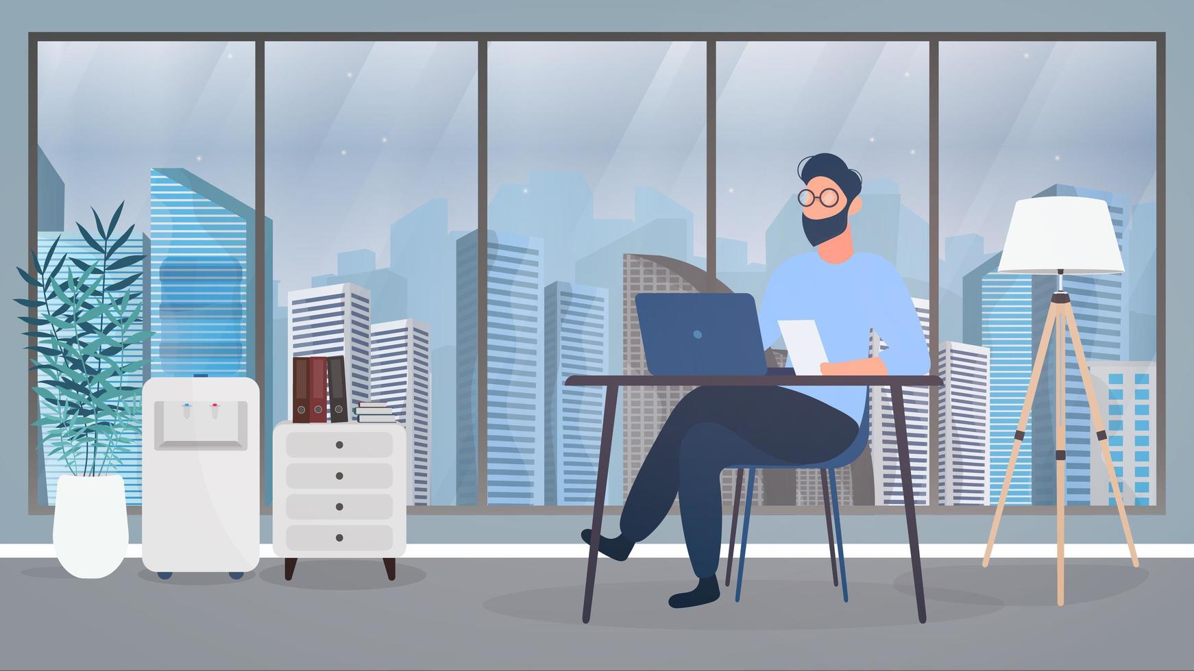 un tipo con gafas se sienta en una mesa en su oficina. un hombre trabaja en una computadora portátil. oficina, estantería, hombre de negocios, lámpara de pie. concepto de trabajo de oficina. vector. vector