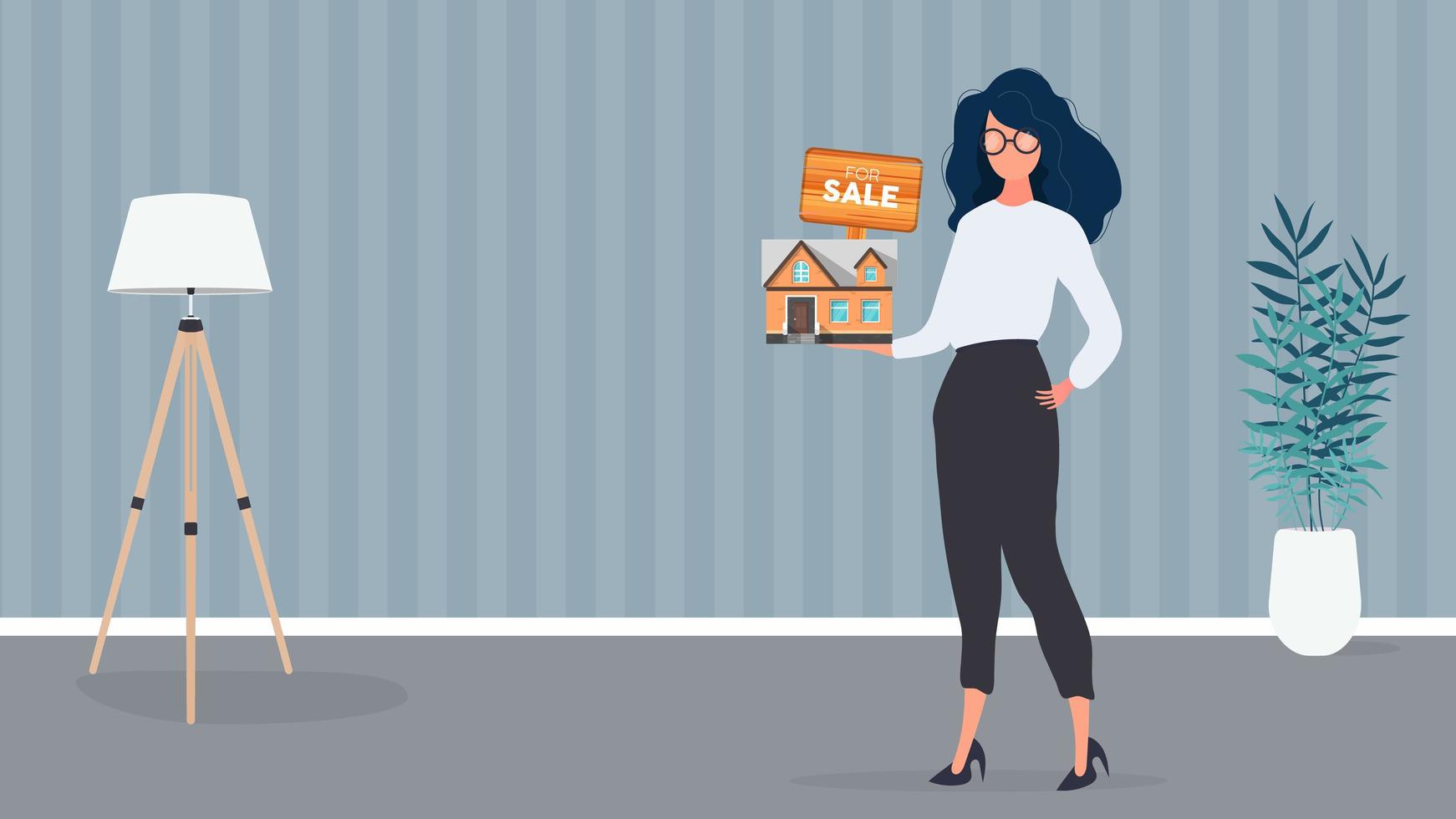 The girl offers to buy a house. Selling a home or real estate. For Sale sign. Vector