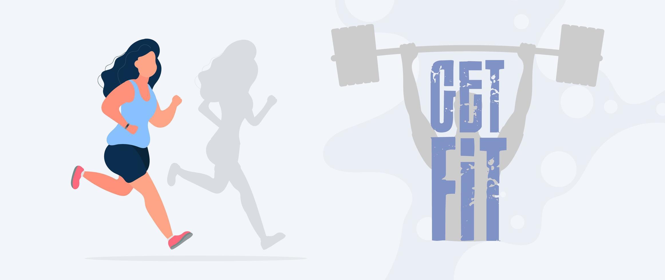 ponerse en forma banner. chica gorda está corriendo. la sombra de una chica delgada. entrenamiento cardiovascular, adelgazamiento. el concepto de pérdida de peso y estilo de vida saludable. vector. vector