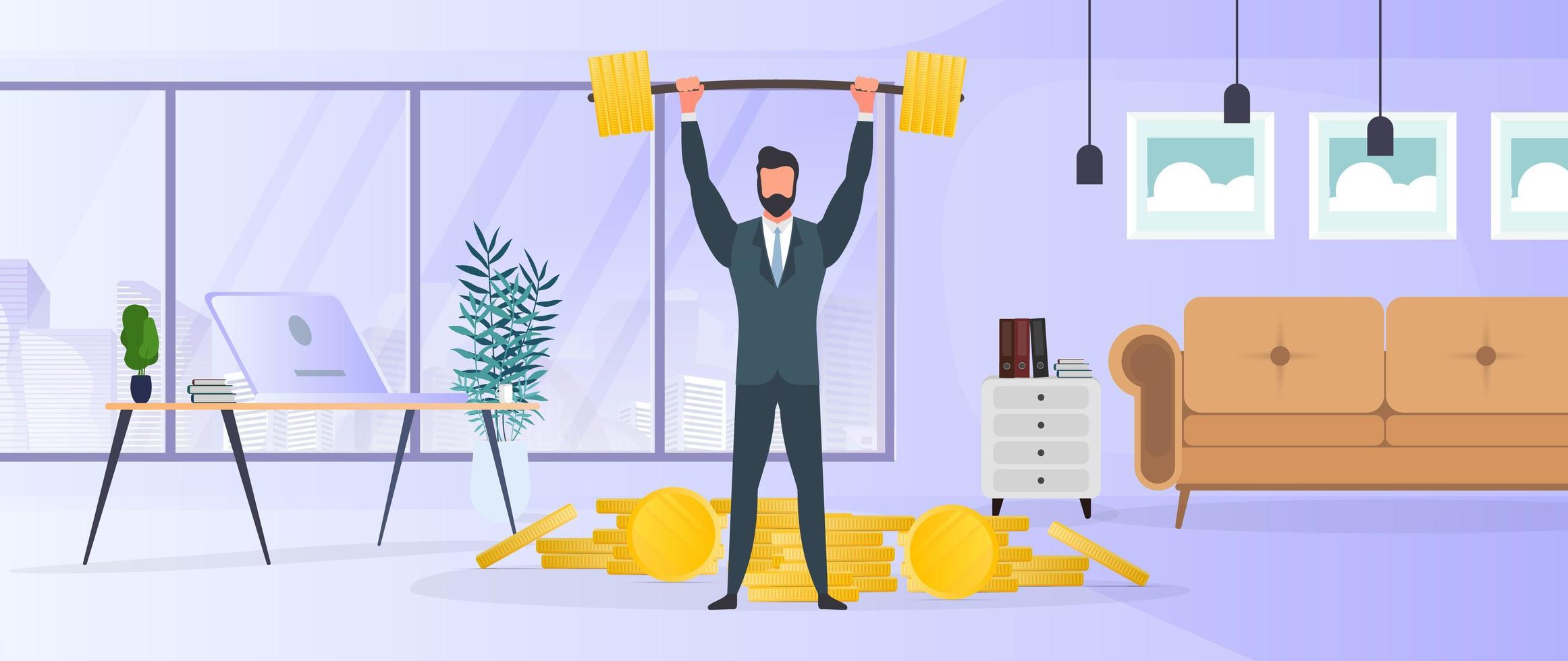 A businessman stands with a mountain of coins and raises the barbell. A man in a suit with a barbell. The concept of a successful business and revenue growth. Isolated. Vector. vector