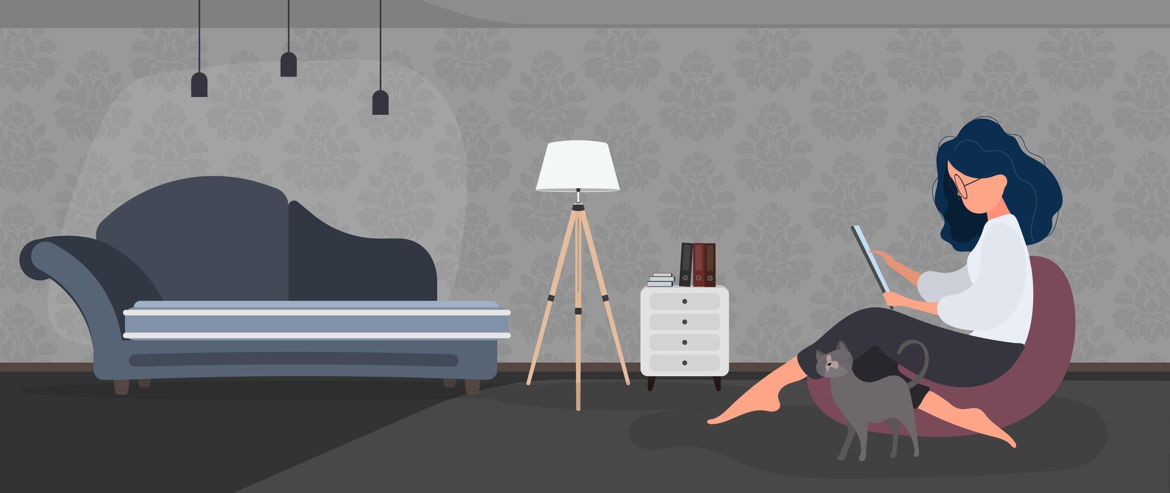 A woman sitting on a couch with a laptop and cat vector