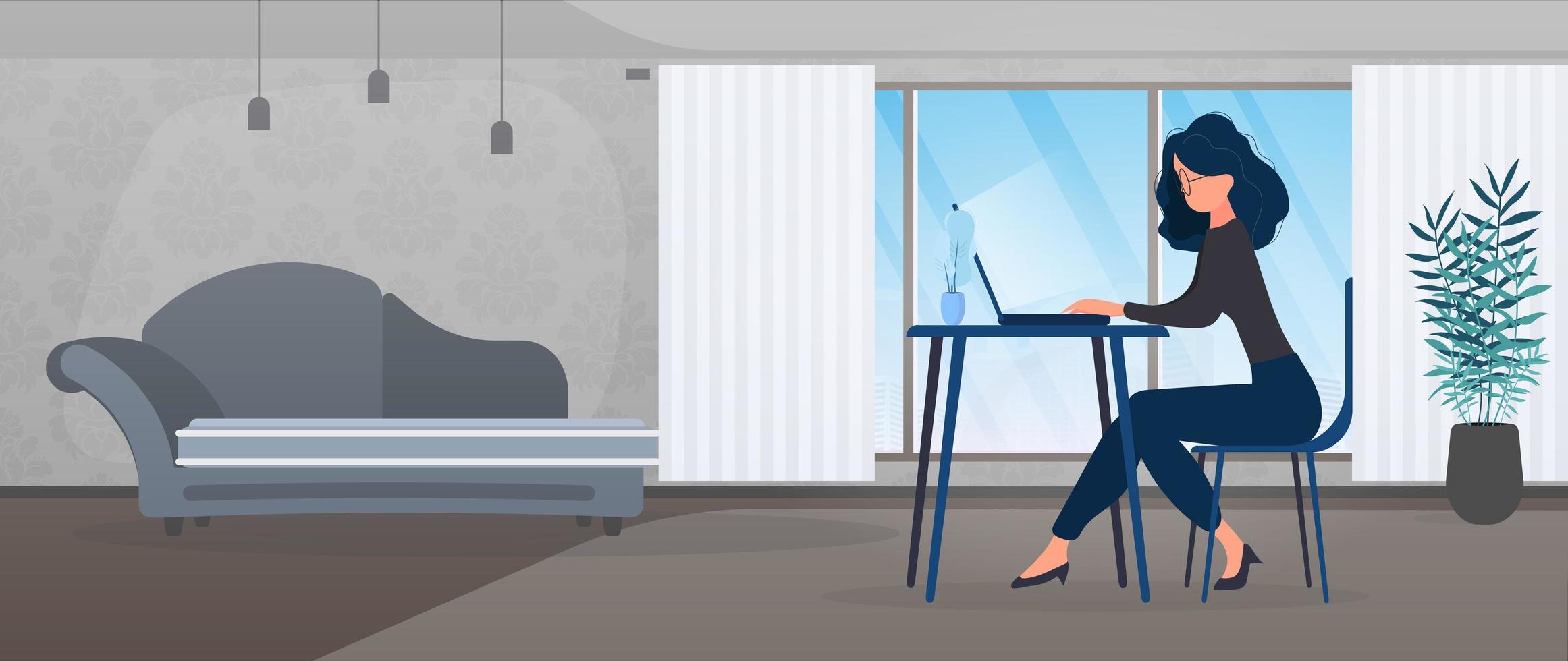 Girl in glasses sits at a table in the office. Girl works on a laptop. The concept of finding people to work, view vacancies and resumes. Vector. vector