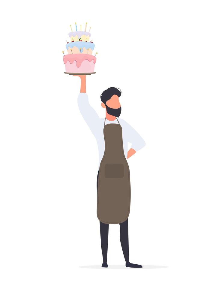 cocinero sostiene un pastel de cumpleaños. un hombre sostiene un pastel. aislado. vector. vector