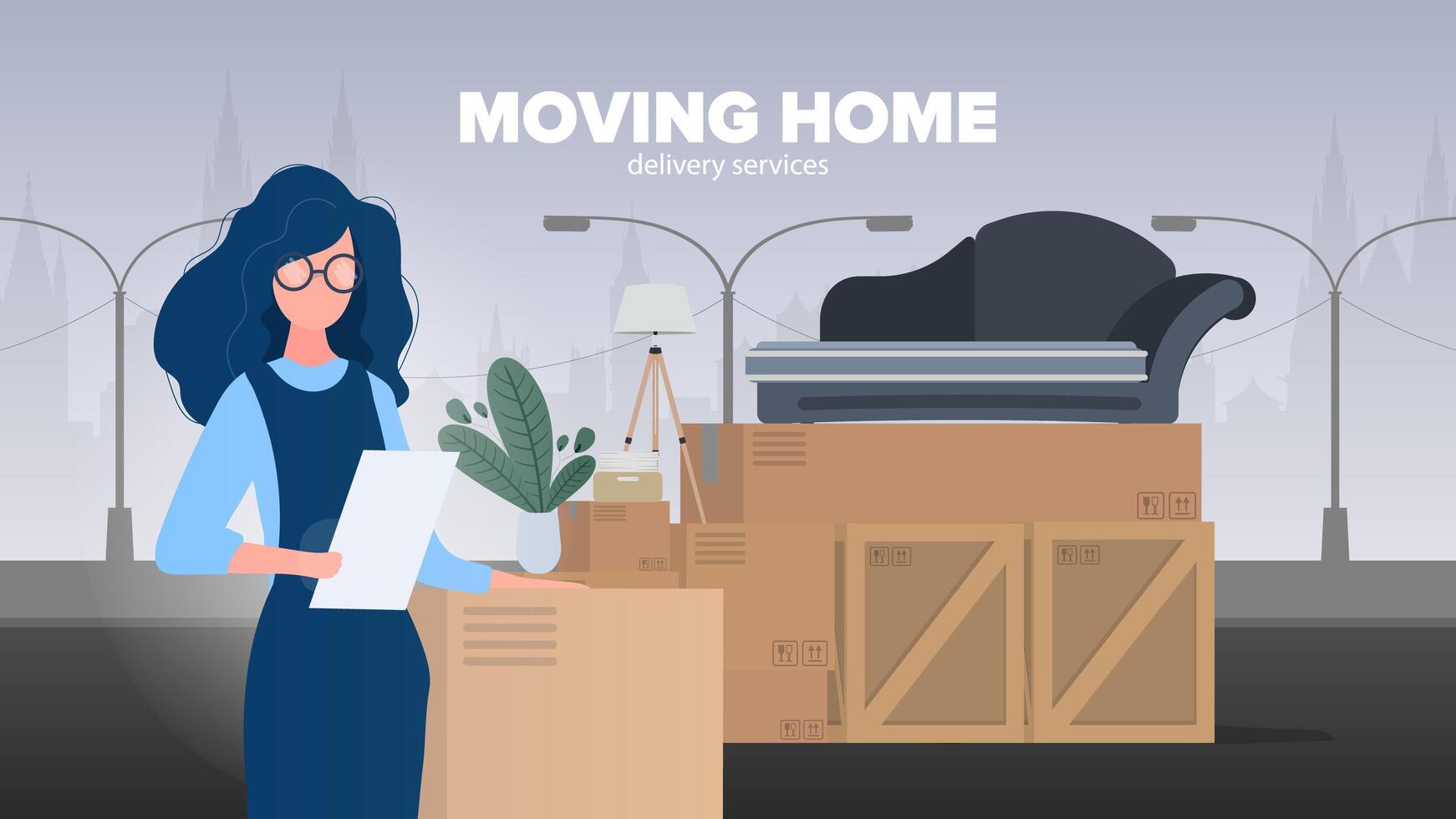 Moving home concept with woman moving boxes and furniture vector