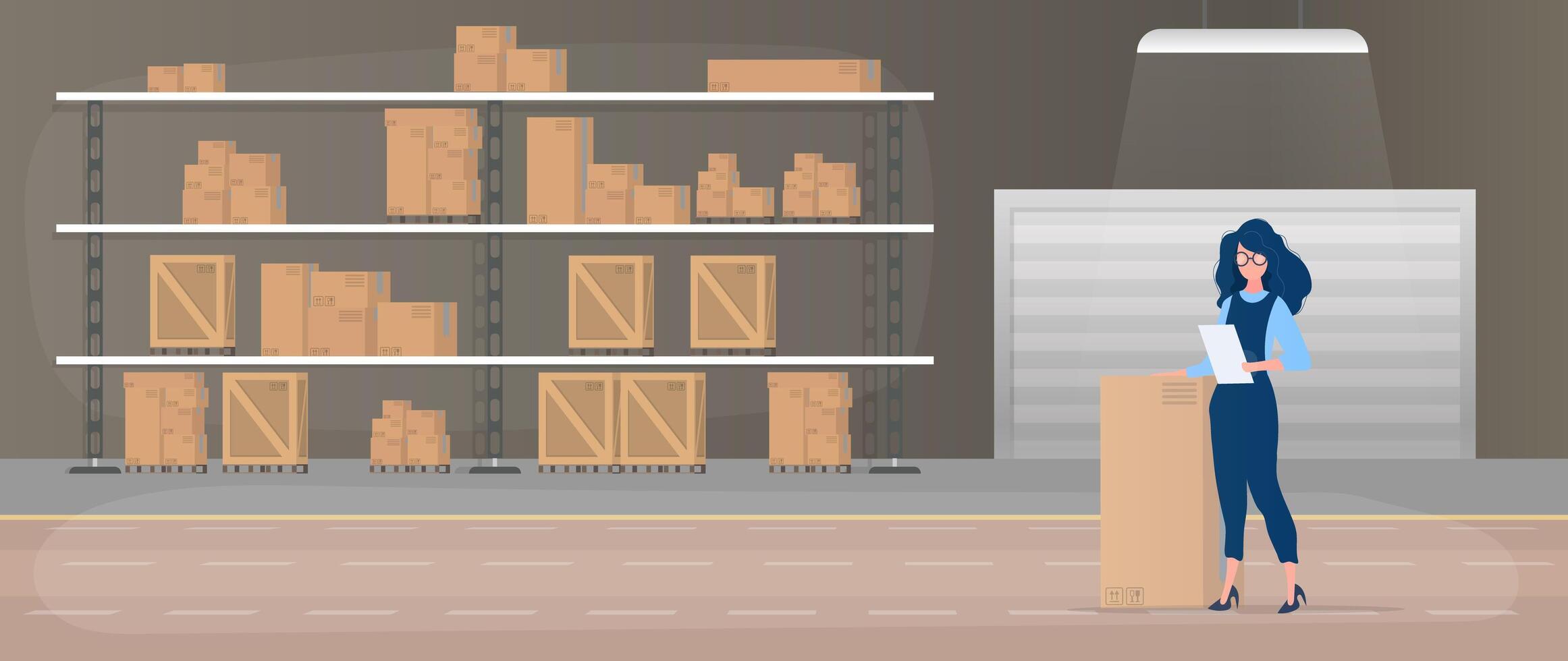 A woman is standing in front of a warehouse with boxes vector