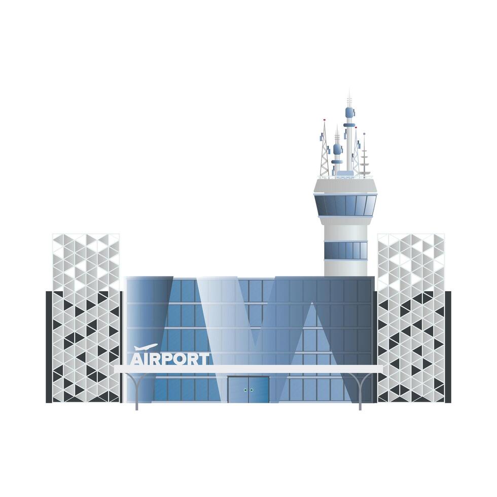 An airport building with a tower and a sign vector