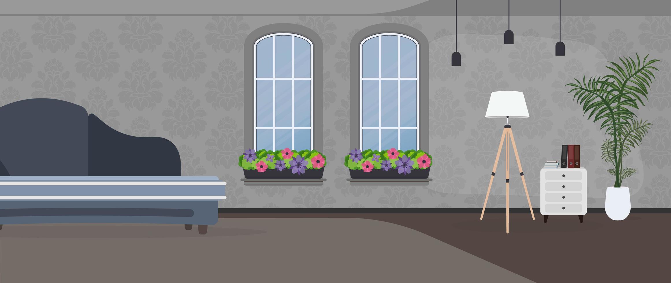 The room is made in dark colors. Dark blue stylish sofa, floor lamp, indoor plant in a white pot. Gray wallpaper with a pattern. Vector. vector