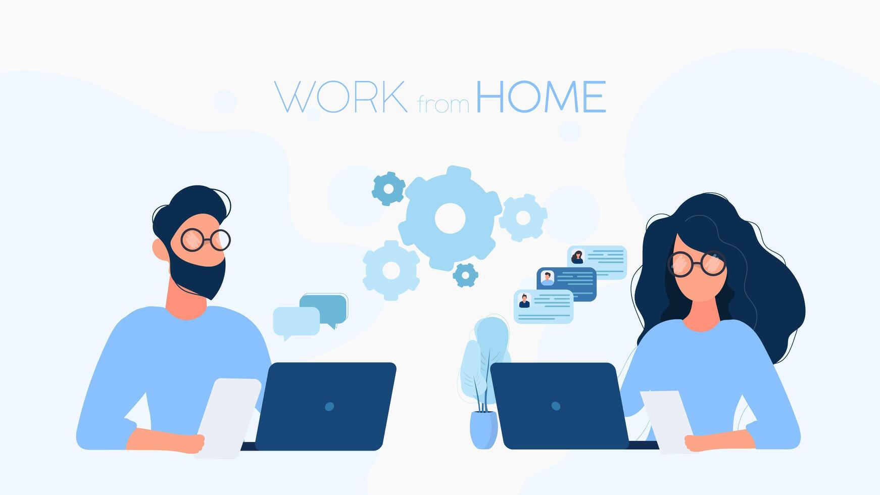 Work from home banner. The guy and the girl at the laptop. The concept of work remotely. Vector. vector