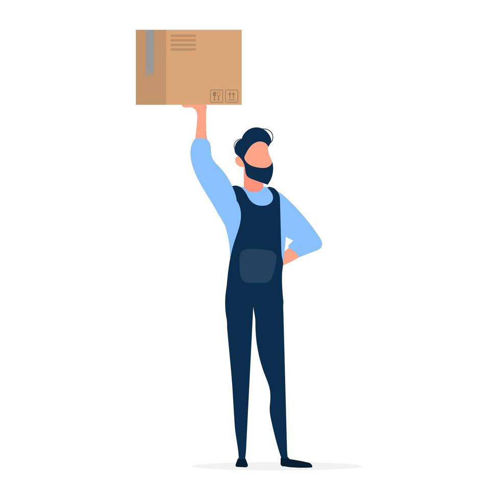 A loader holds a box over his head. The guy in the jumpsuit is holding a box. The concept of delivery and transportation of goods. Isolated. Vector. vector