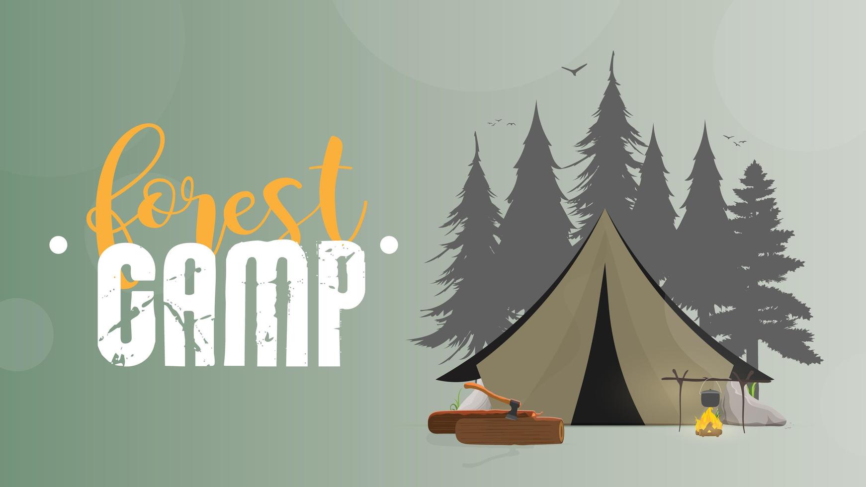 Banner of the forest camp. Tent, Siluet Forests, bonfire, logs, ax, tent, river, trees. Vector illustration