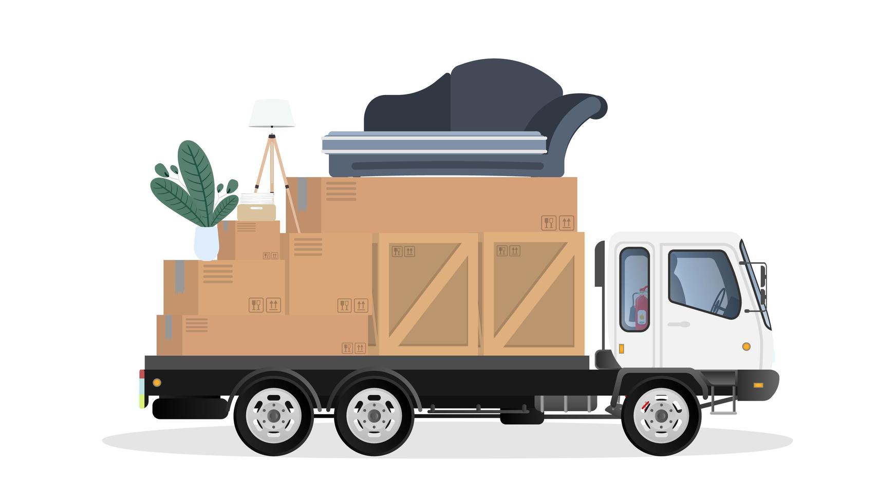 Truck with boxes. Moving home. Moving to a new place. White truck, boxes, sofa, indoor plant, lamp. Isolated. Vector. vector