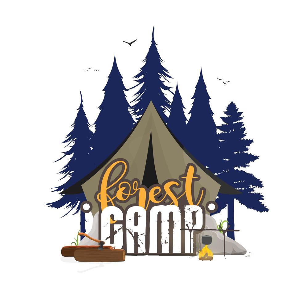 Collage on the theme of camping in the forest. Tent, forest, camping, logs, ax, bonfire. Good for logo, cards, t-shirts and banners. Isolated. Vector. vector