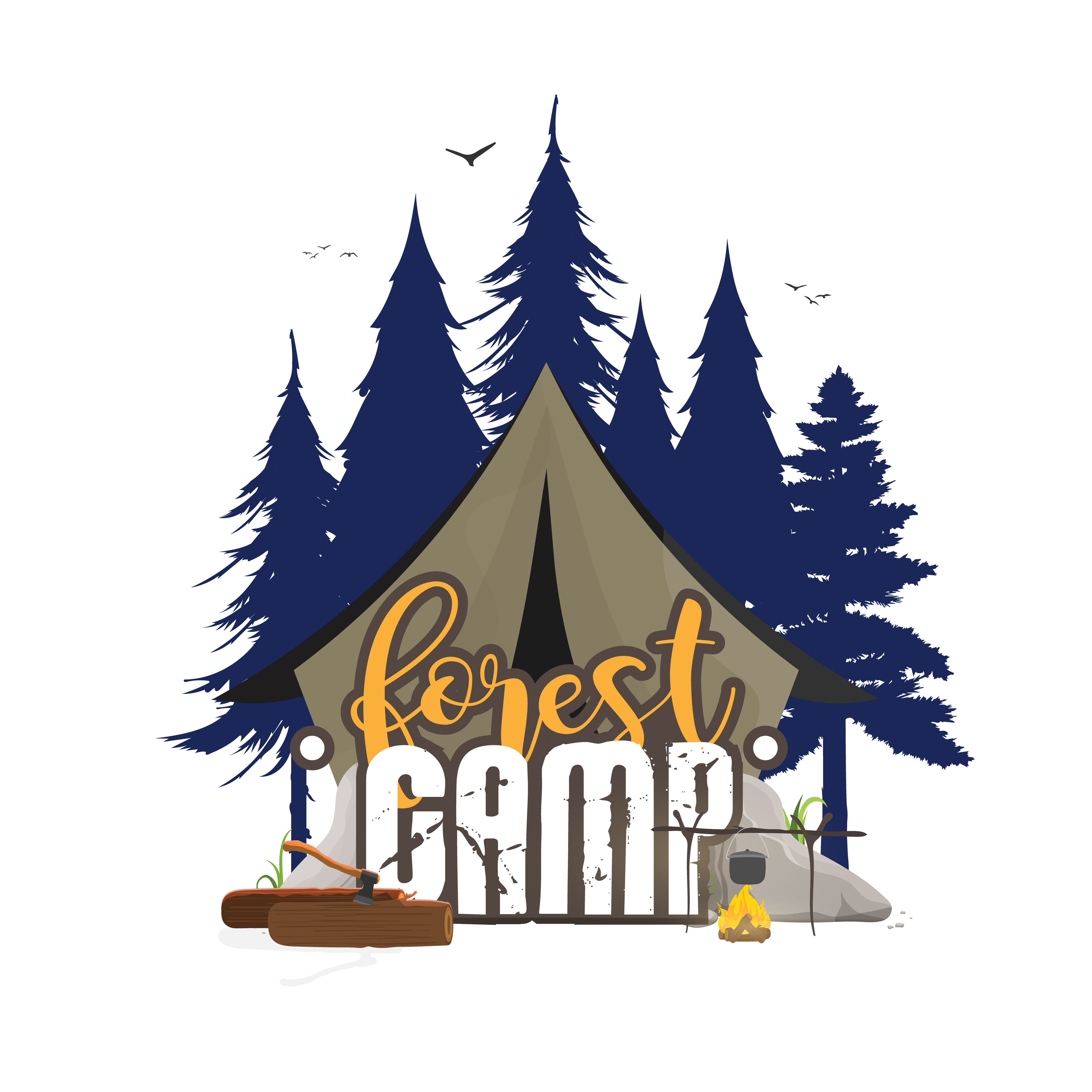 Collage on the theme of camping in the forest. Tent, forest, camping