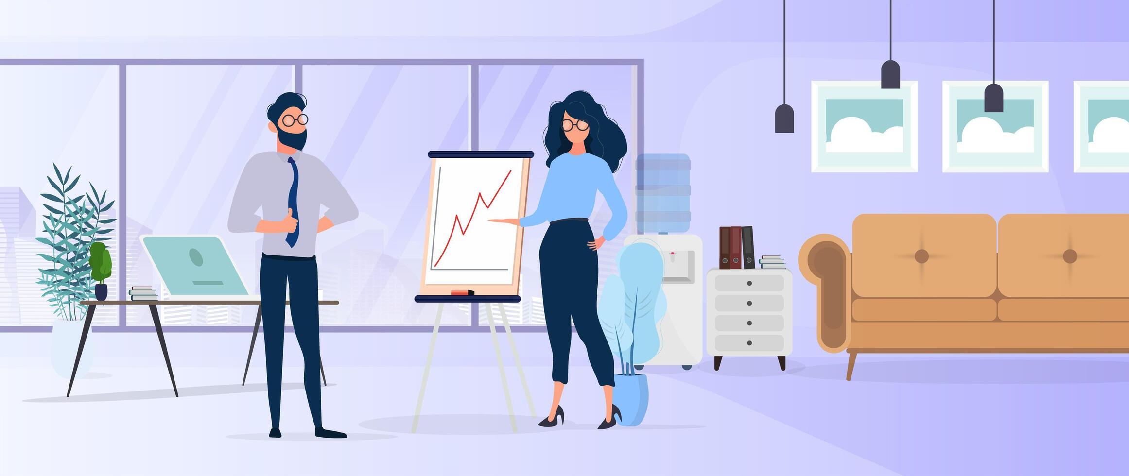 The girl shows a report to the boss. Presentation with positive dynamics. Board for paper. Infographics. Business growth. Office. Isolated. Vector. vector