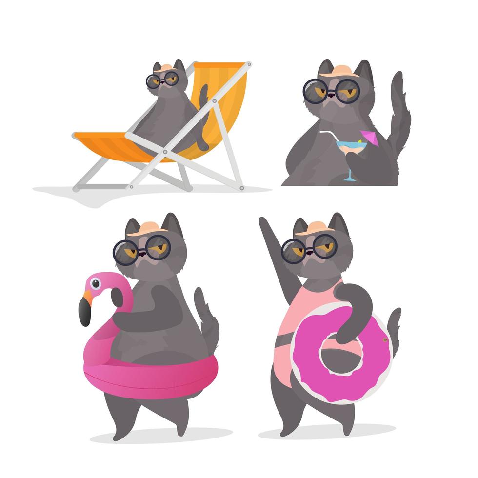 juego de divertidas pegatinas de gatos con un círculo rosa para nadar. tumbona, sombrilla. gato con gafas y sombrero. bueno para pegatinas, tarjetas y camisetas. pancarta divertida sobre el tema del verano. vector. vector