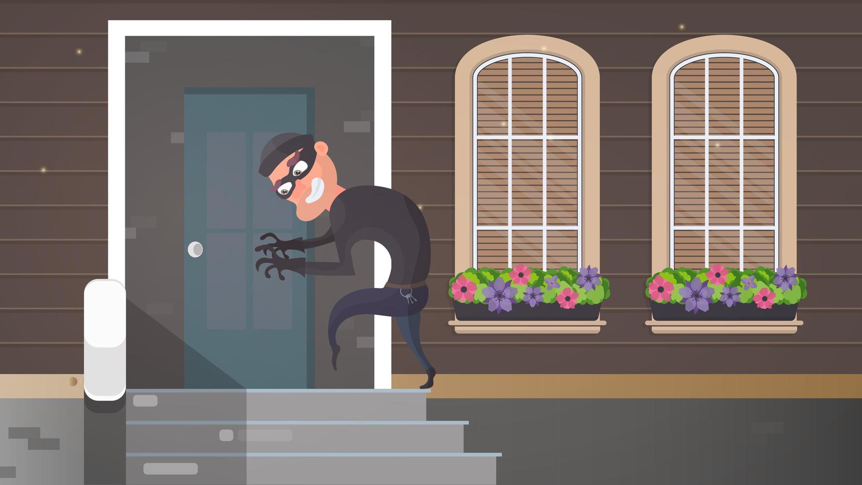 A thief sneaks into the house. The robber is trying to crack the door. Sign of a robbery. A surveillance camera recorded a thief. Security concept. Vector illustration