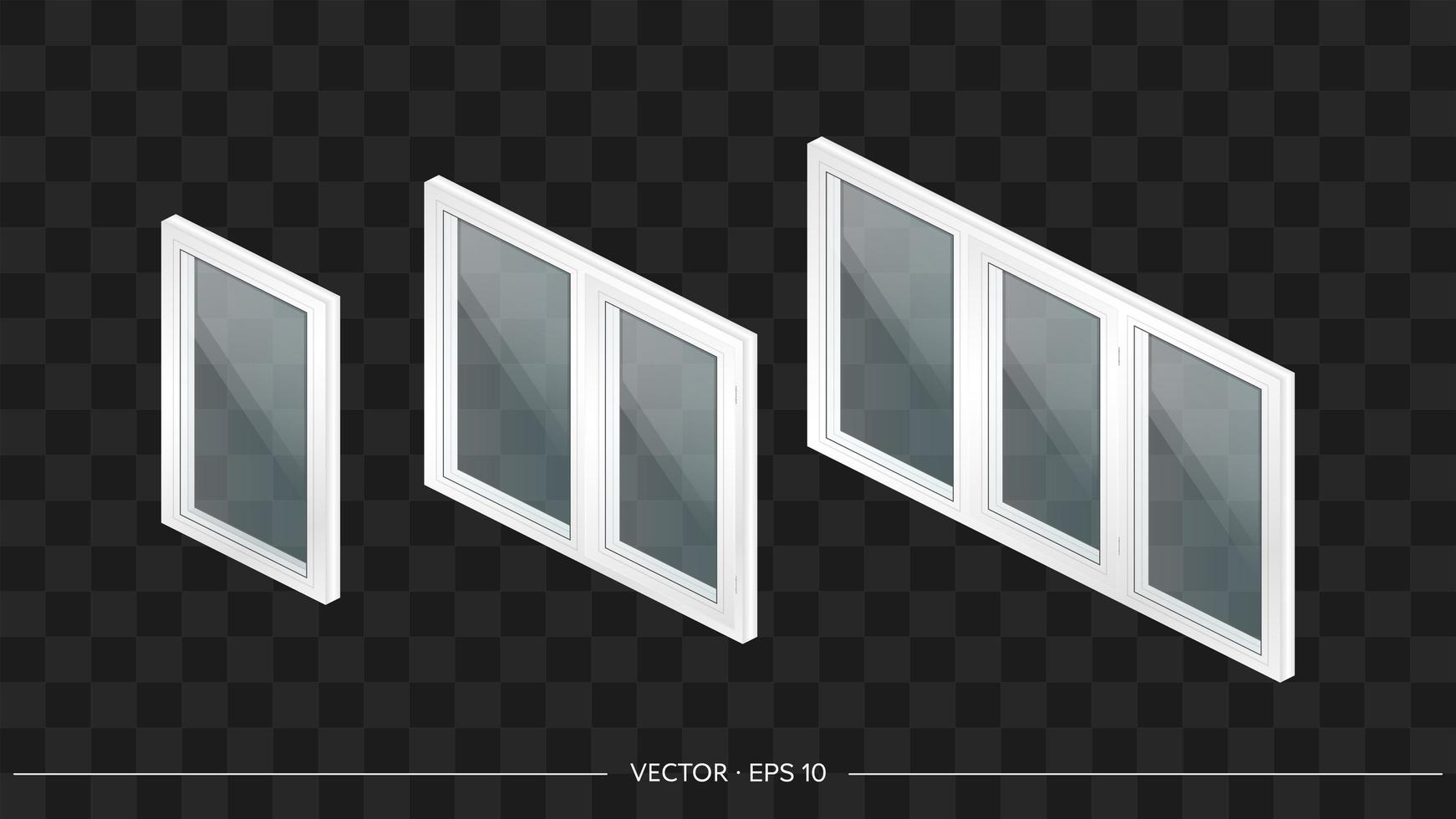 Set of white metal-plastic windows with transparent glasses in 3D. Modern window in a realistic style. Isometry, vector illustration.