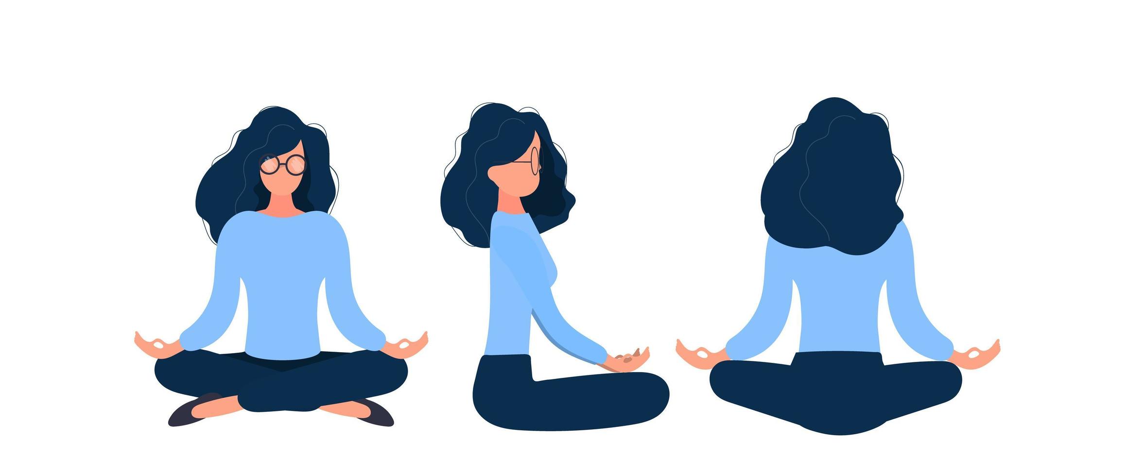 The girl is meditating. Front, side and rear view. Separate on a white background. Vector. vector