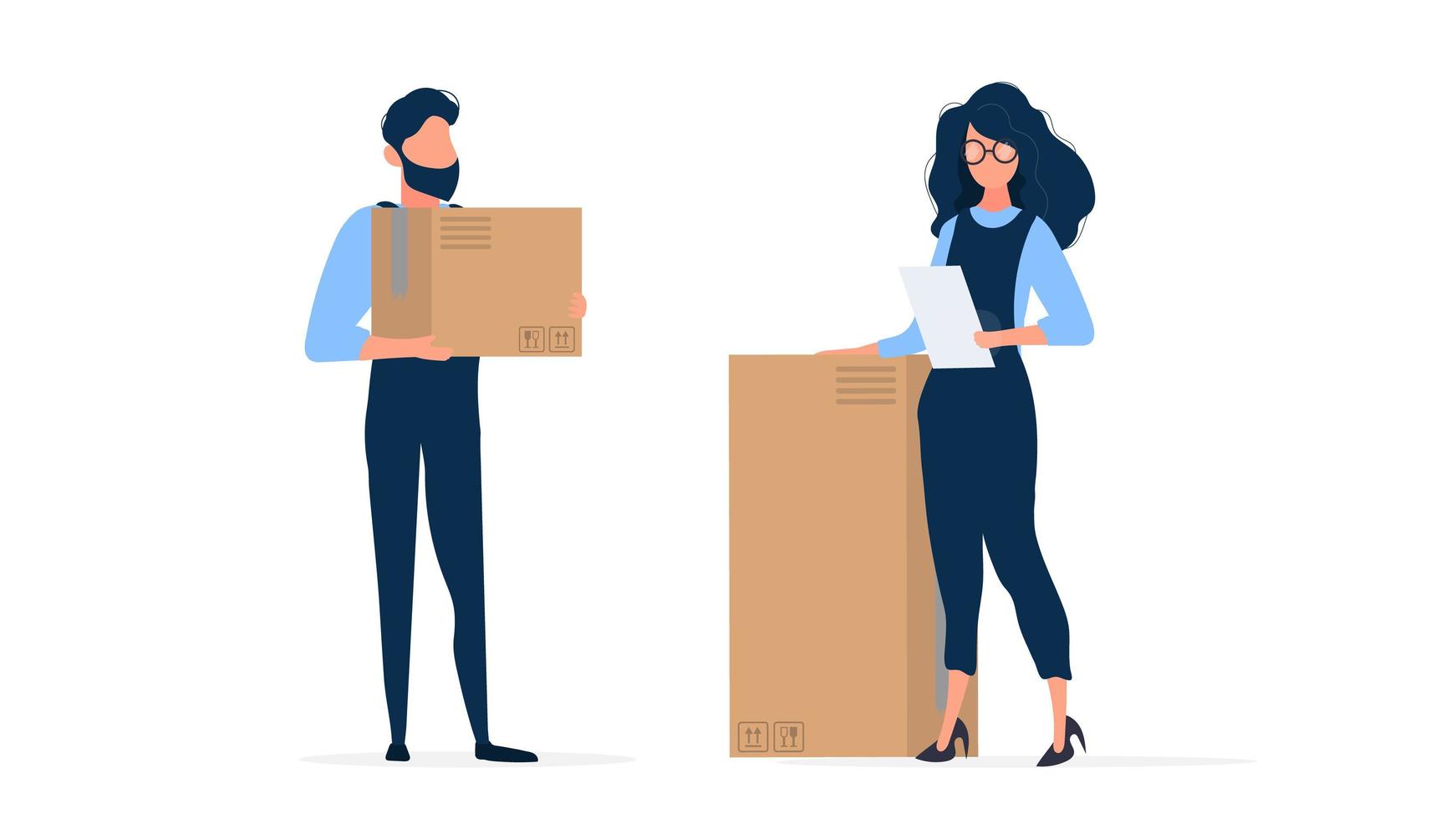 The girl in building overalls holds a sheet of paper in her hands. Loader holds a cardboard box. Isolated. Vector. vector