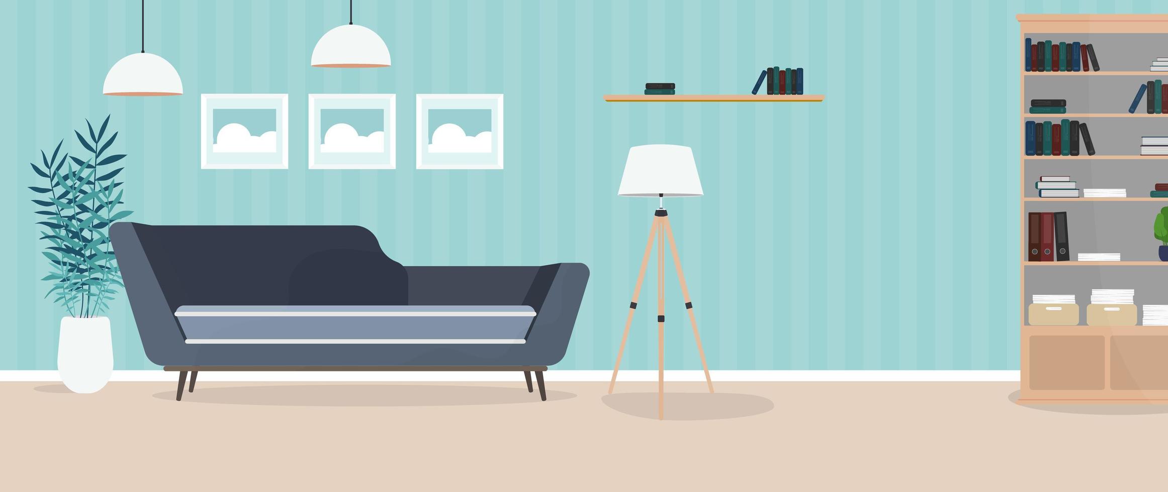 Modern bright room. Living room with a sofa, wardrobe, lamp, paintings. Furniture. Interior. Vector. vector