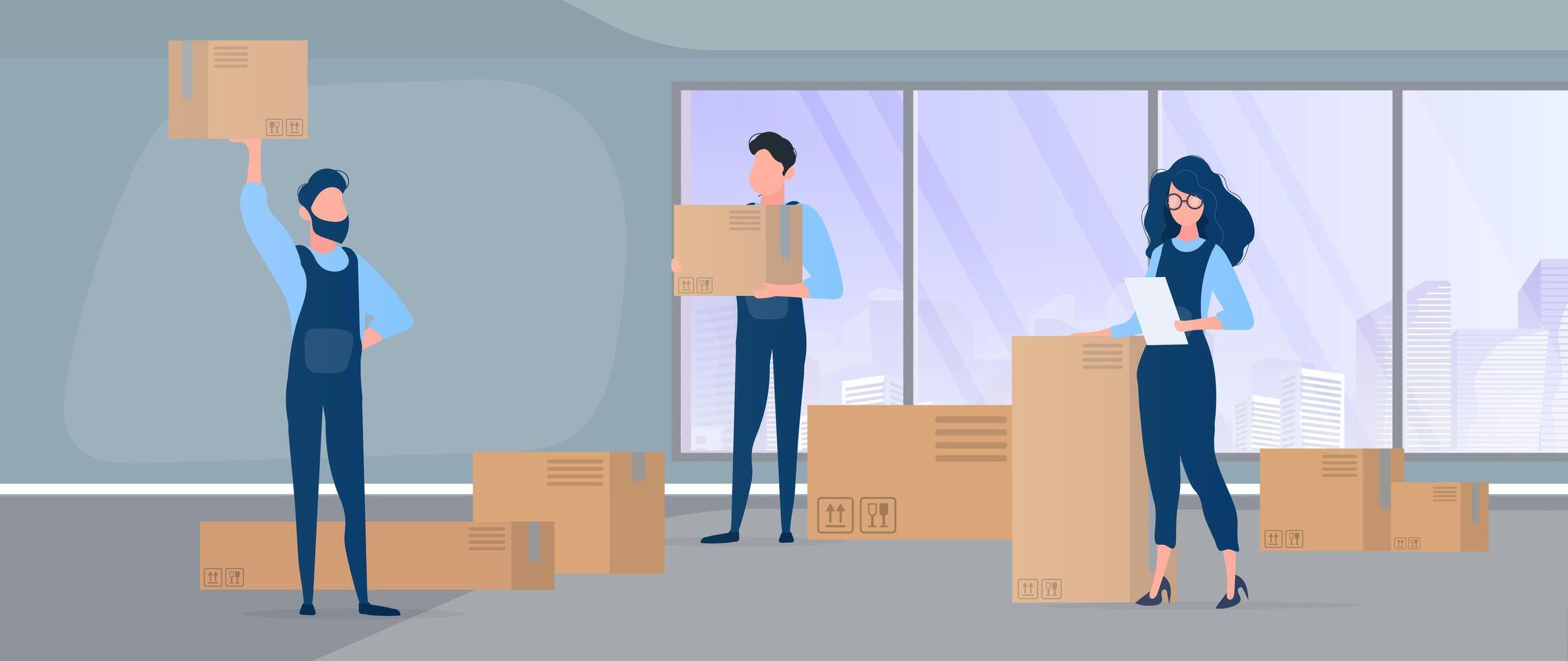 Moving company people moving boxes in office vector