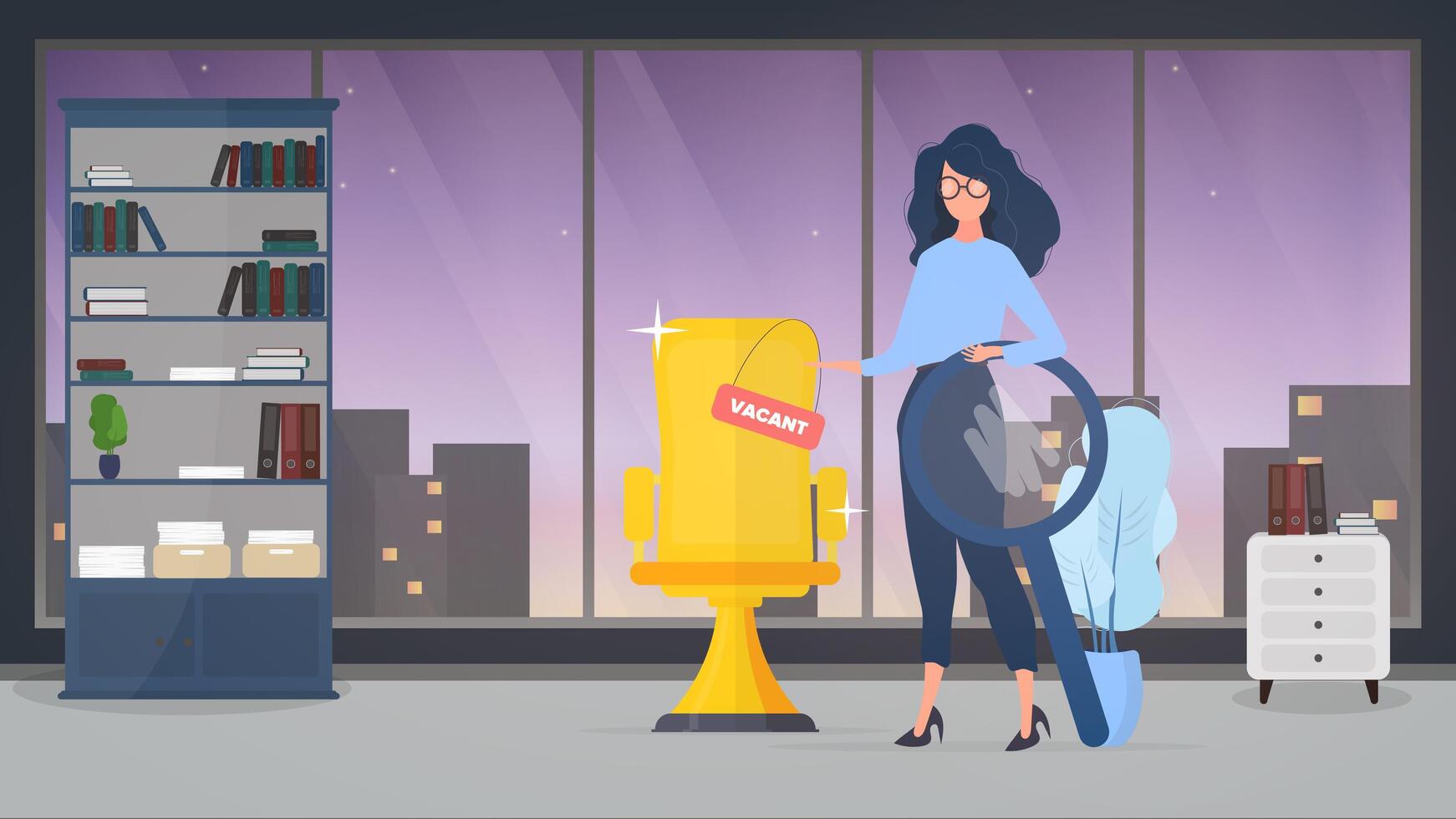 A woman is standing in front of a desk with a yellow sign vector