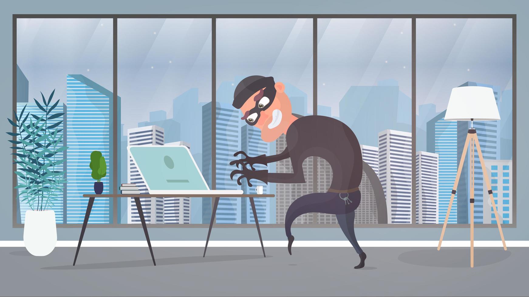 Thief in the office. A robber steals data from a laptop. Security concept. The robber robbed the office. Flat style vector illustration.