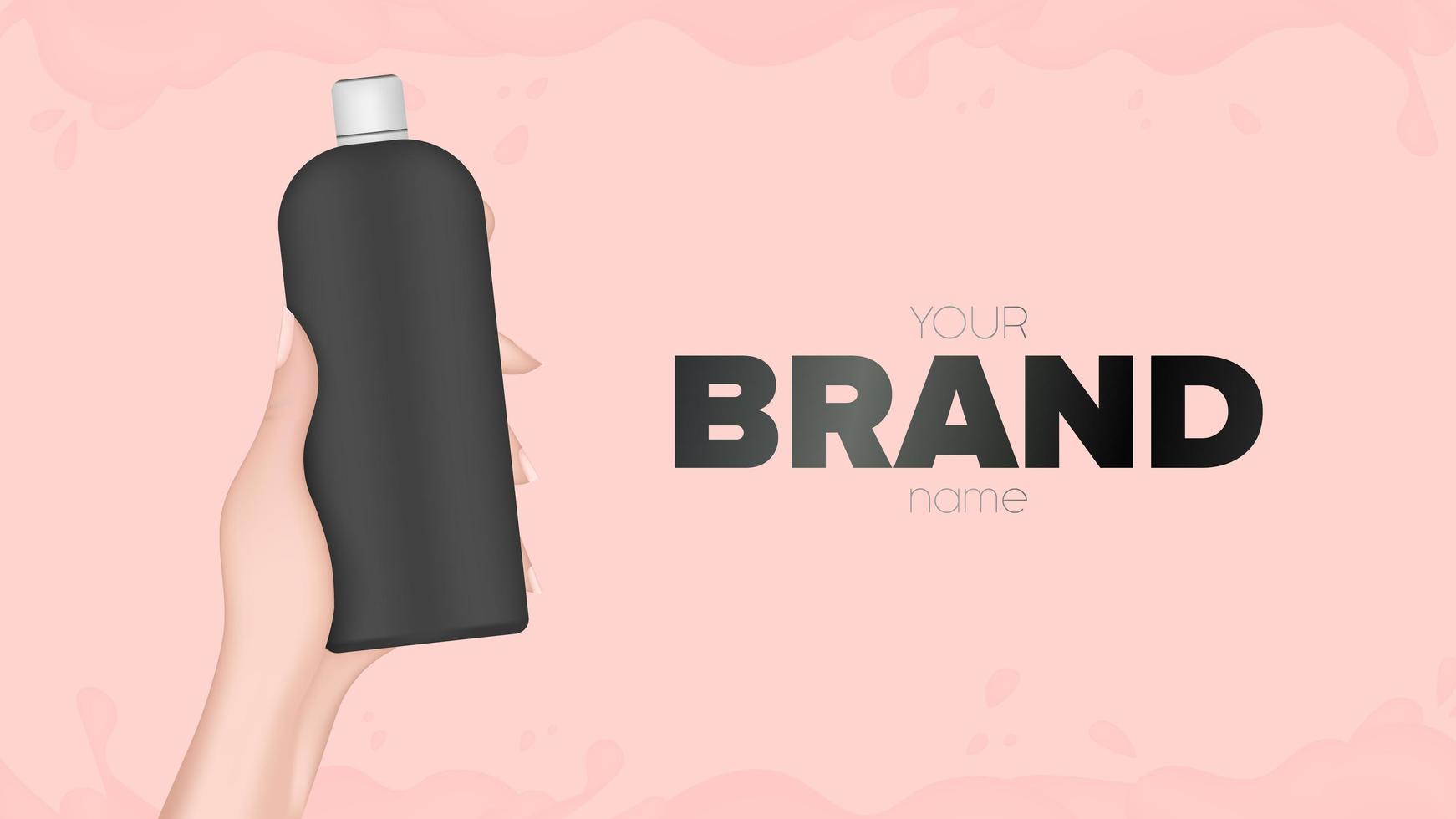 Hand holds a black plastic bottle. Realistic female hand with a bottle. Good for shampoo or shower gel. Banner for advertising cosmetics. Vector. vector