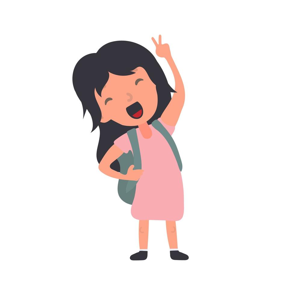 A girl with a backpack waves. Satisfied schoolboy girl. Suitable for design at school or on vacation. Isolated. Vector. vector