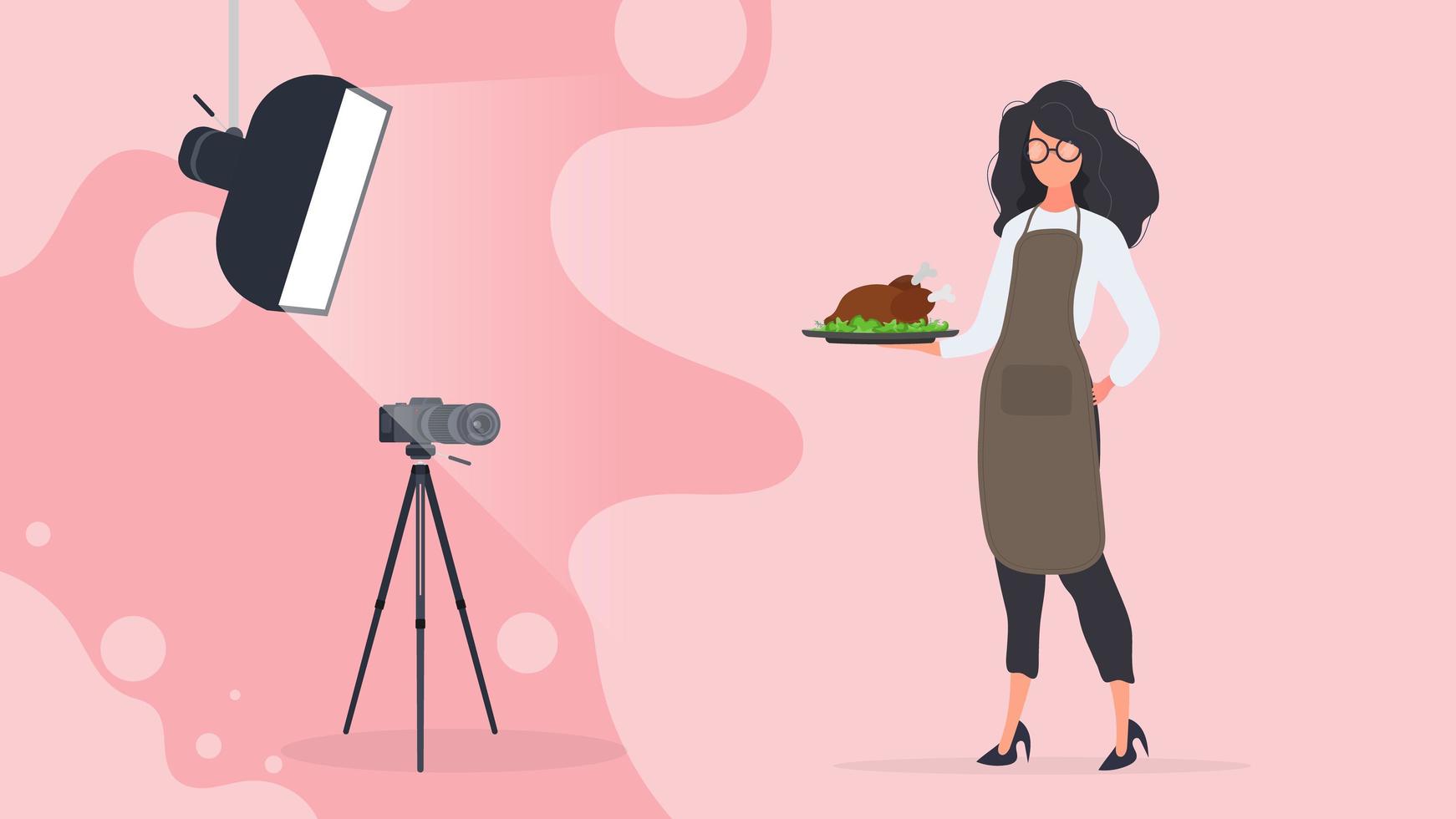 Culinary blogger. A woman in a kitchen apron holds a fried chicken on a tray. Camera on a tripod, softbox. The concept of a culinary blog or vlog. Vector. vector