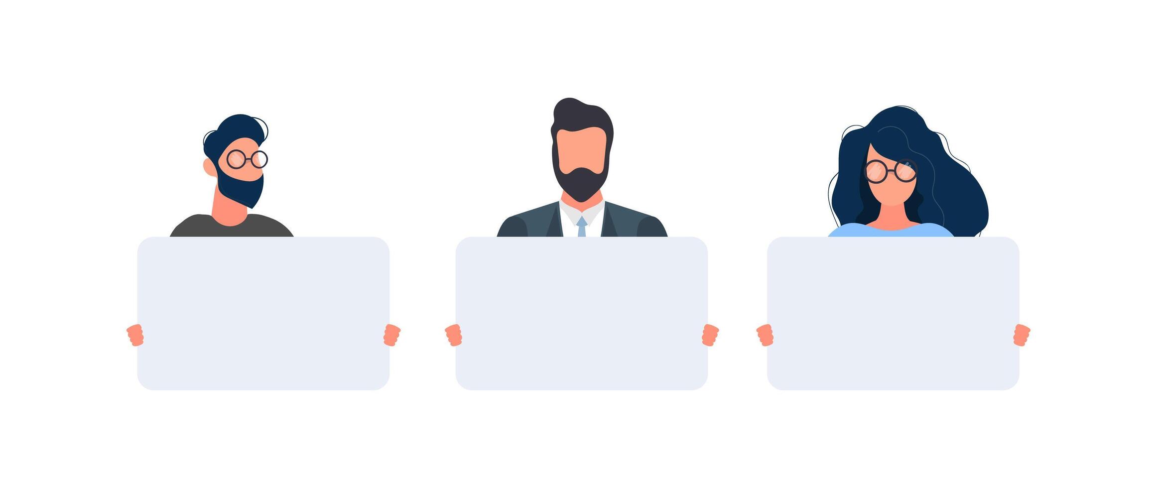 Three people holding blank paper with text on it vector