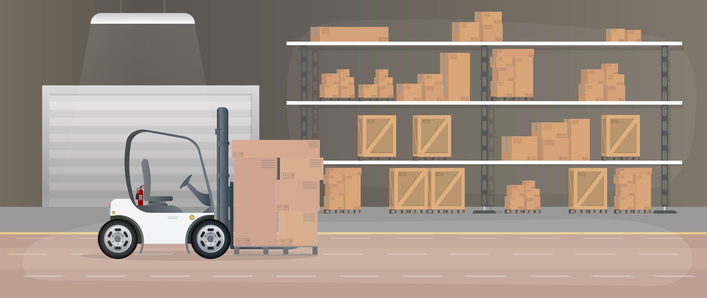 Large warehouse with drawers. A forklift lifts a pallet with boxes. Industrial forklift. Rack with drawers and boxes. Vector. vector