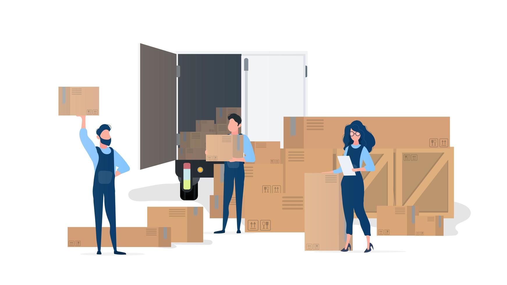 Shipping team. Movers with boxes. The girl with the list. Element for design on the theme of moving, transportation and delivery of goods. Isolated. Vector. vector