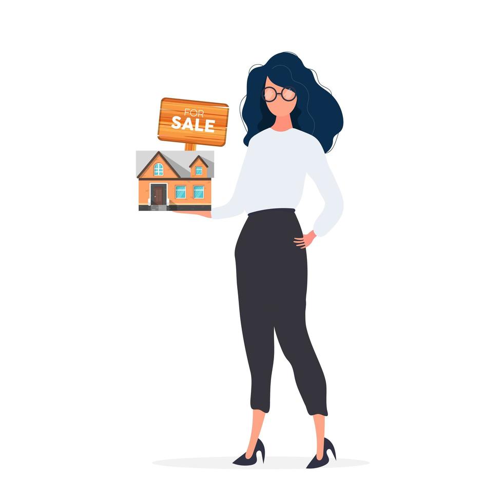 The girl offers to buy a house. Selling a home or real estate. For Sale sign. Vector