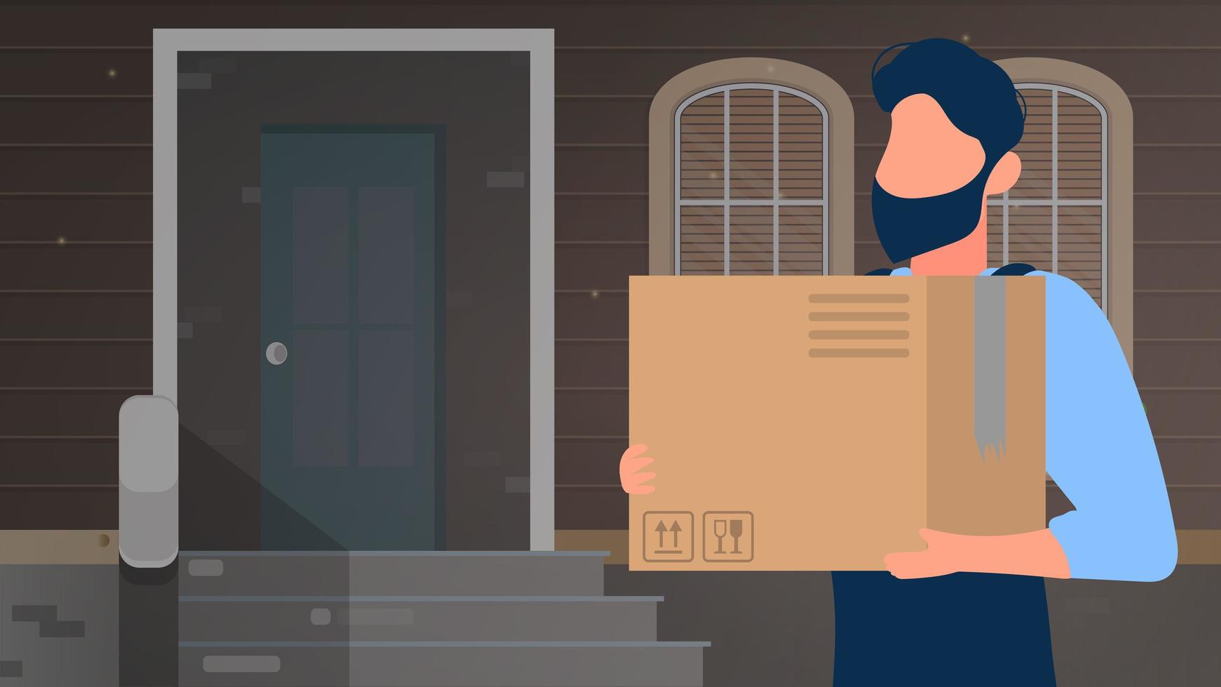 el hombre sostiene una caja grande. banner de entrega de paquetes a domicilio. cconcepto de entrega de mercadería, paquetería y mercadería a domicilio. vector. vector