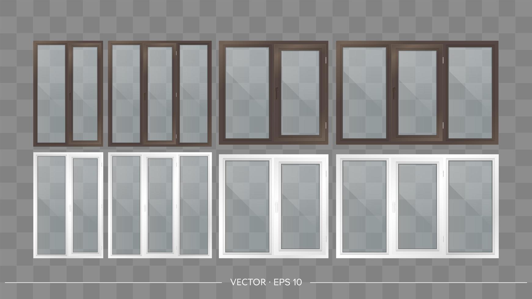 Conjunto de balcones de metal-plástico con cristales transparentes. balcones modernos en un estilo realista. vector. vector