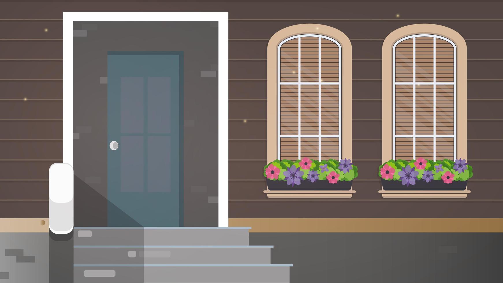Casa de madera marrón con grandes ventanales. ventanas con flores. porche de una casa de campo. vector