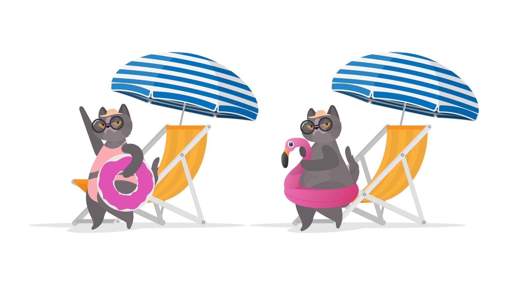 Two cats sitting on chairs with an umbrella and a beach ball vector