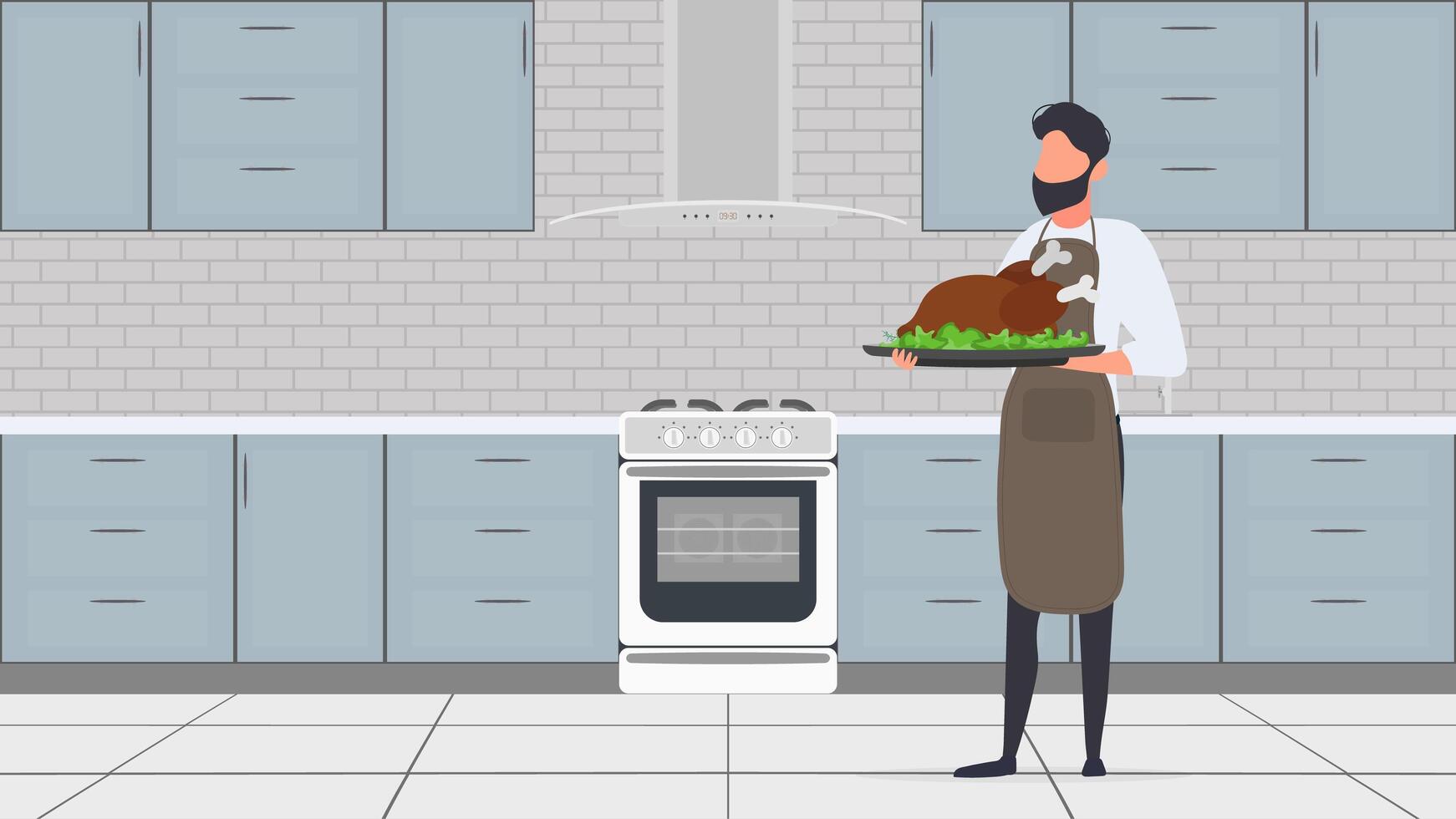 A man holding a turkey in the kitchen vector